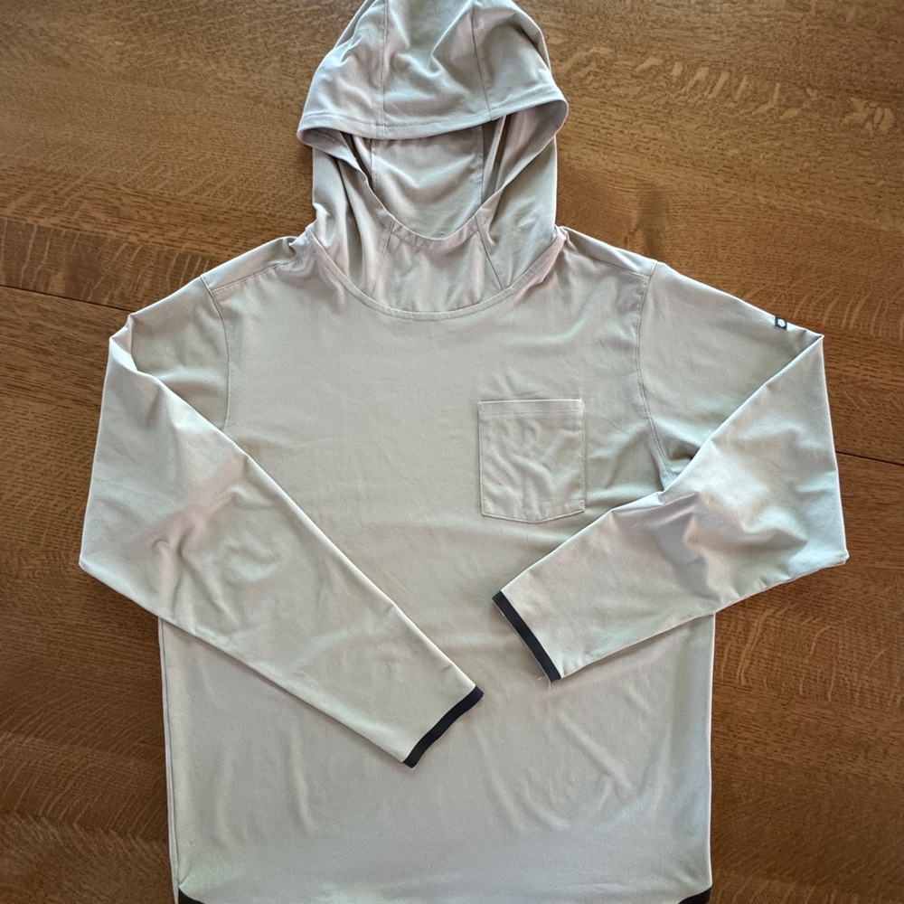 686 Men's Sun Hoodie Tan with pocket and black trim on hems